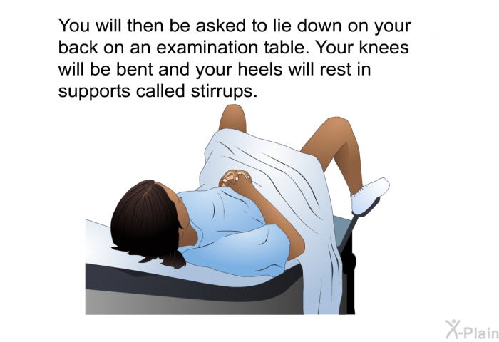 You will then be asked to lie down on your back on an examination table. Your knees will be bent and your heels will rest in supports called stirrups.