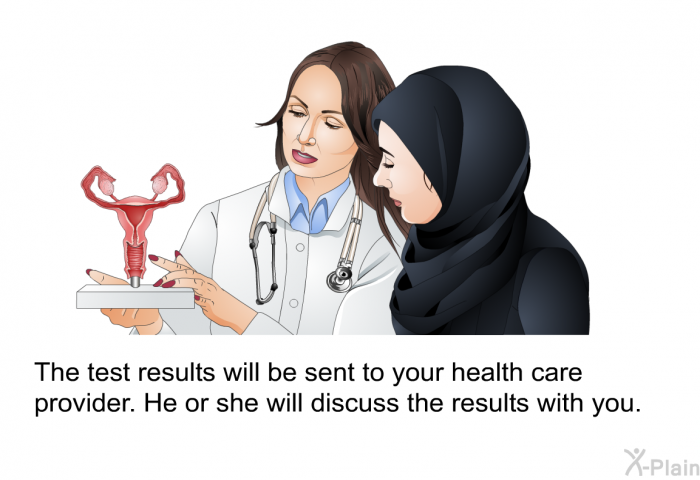 The test results will be sent to your health care provider. He or she will discuss the results with you.