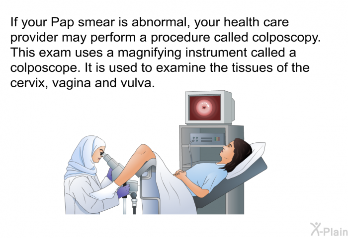 If your Pap smear is abnormal, your health care provider may perform a procedure called colposcopy. This exam uses a magnifying instrument called a colposcope. It is used to examine the tissues of the cervix, vagina and vulva.