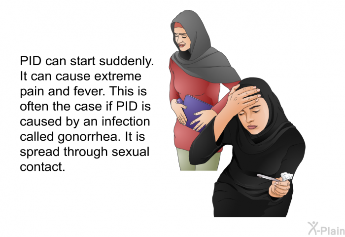 PID can start suddenly. It can cause extreme pain and fever. This is often the case if PID is caused by an infection called gonorrhea. It is spread through sexual contact.