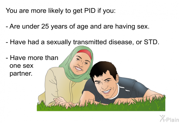 You are more likely to get PID if you:  Are under 25 years of age and are having sex. Have had a sexually transmitted disease, or STD. Have more than one sex partner.