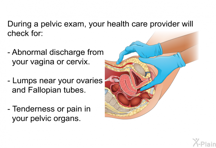 During a pelvic exam, your health care provider will check for:  Abnormal discharge from your vagina or cervix. Lumps near your ovaries and Fallopian tubes. Tenderness or pain in your pelvic organs.