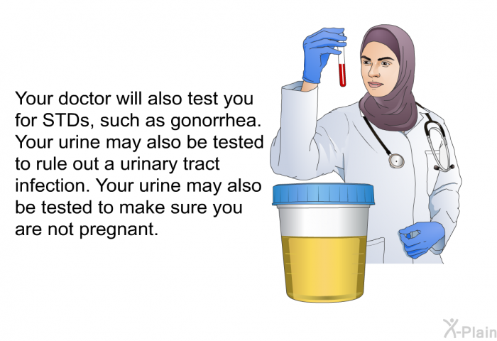Your doctor will also test you for STDs, such as gonorrhea. Your urine may also be tested to rule out a urinary tract infection. Your urine may also be tested to make sure you are not pregnant.