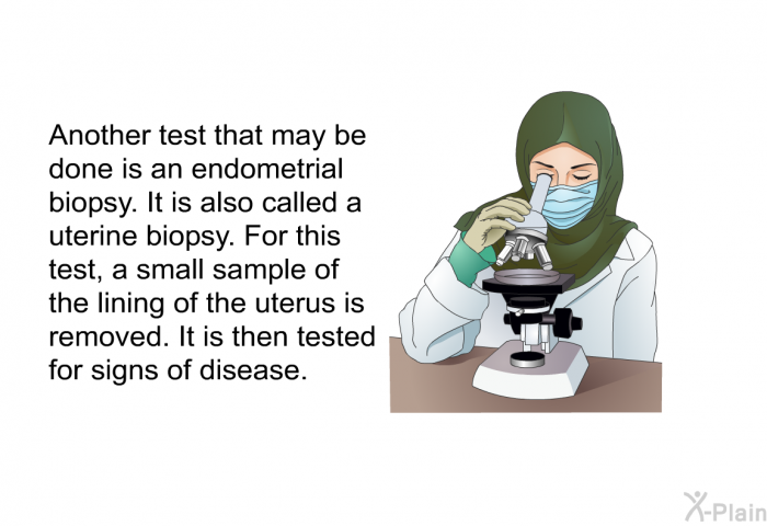 Another test that may be done is an endometrial biopsy. It is also called a uterine biopsy. For this test, a small sample of the lining of the uterus is removed. It is then tested for signs of disease.