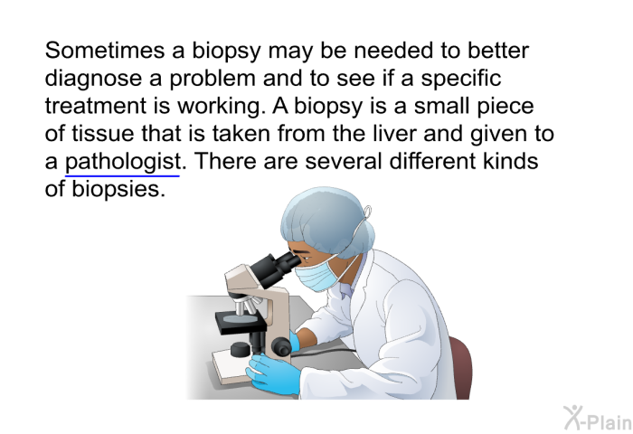 Sometimes a biopsy may be needed to better diagnose a problem and to see if a specific treatment is working. A biopsy is a small piece of tissue that is taken from the liver and given to a pathologist. There are several different kinds of biopsies.