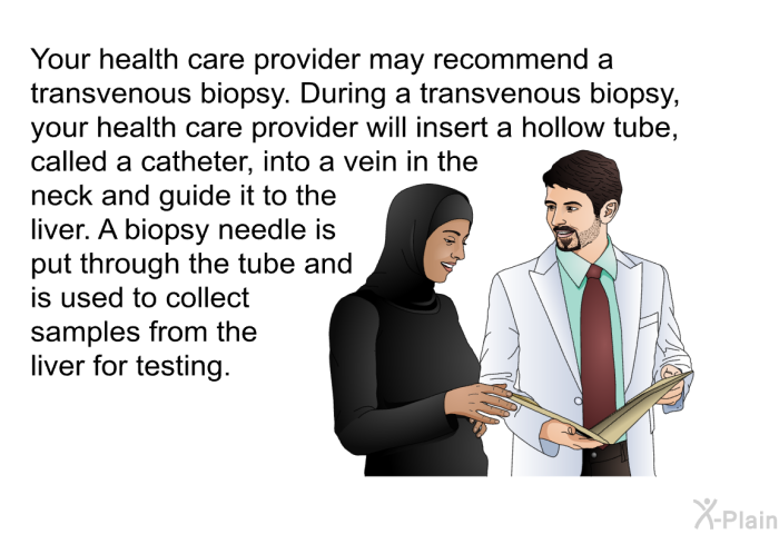 Your health care provider may recommend a transvenous biopsy. During a transvenous biopsy, your health care provider will insert a hollow tube, called a catheter, into a vein in the neck and guide it to the liver. A biopsy needle is put through the tube and is used to collect samples from the liver for testing.