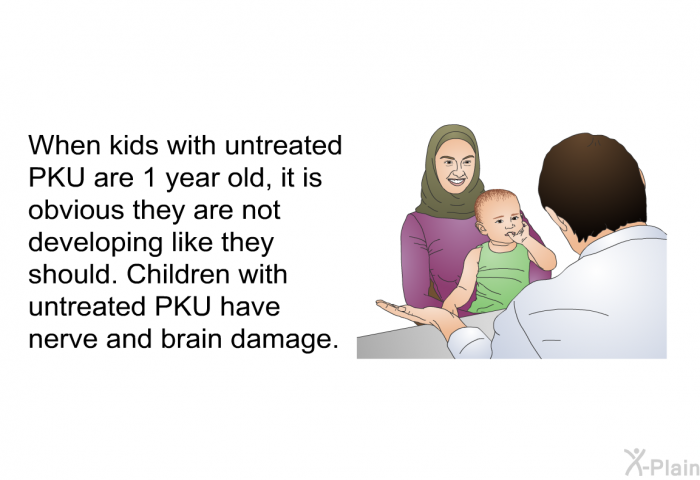 When kids with untreated PKU are 1 year old, it is obvious they are not developing like they should. Children with untreated PKU have nerve and brain damage.