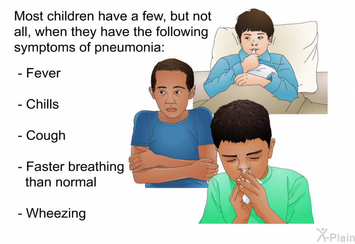 Most children have a few, but not all, when they have the following symptoms of pneumonia:  Fever Chills Cough Faster breathing than normal Wheezing