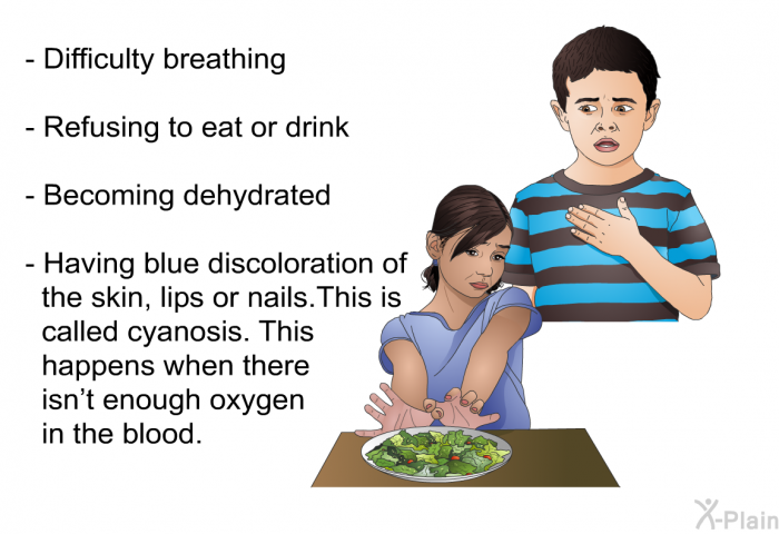 Difficulty breathing Refusing to eat or drink Becoming dehydrated Having blue discoloration of the skin, lips or nails. This is called cyanosis. This happens when there isn't enough oxygen in the blood.