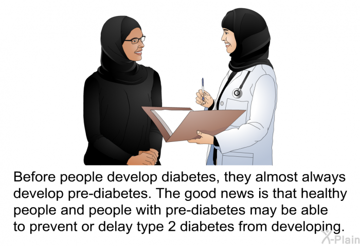 Before people develop diabetes, they almost always develop pre-diabetes. The good news is that healthy people and people with pre-diabetes may be able to prevent or delay type 2 diabetes from developing.