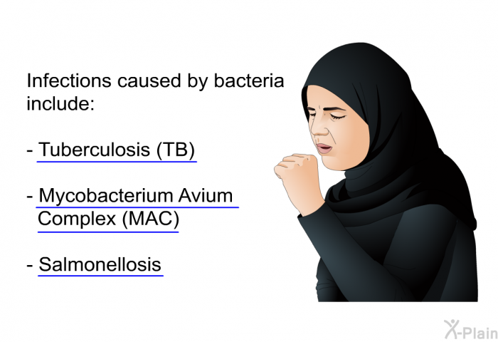 Infections caused by bacteria include:  Tuberculosis (TB) Mycobacterium Avium Complex (MAC) Salmonellosis