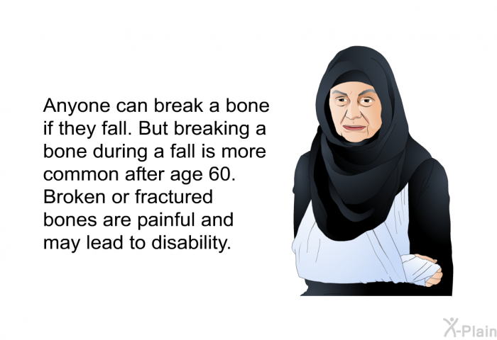 Anyone can break a bone if they fall. But breaking a bone during a fall is more common after age 60. Broken or fractured bones are painful and may lead to disability.