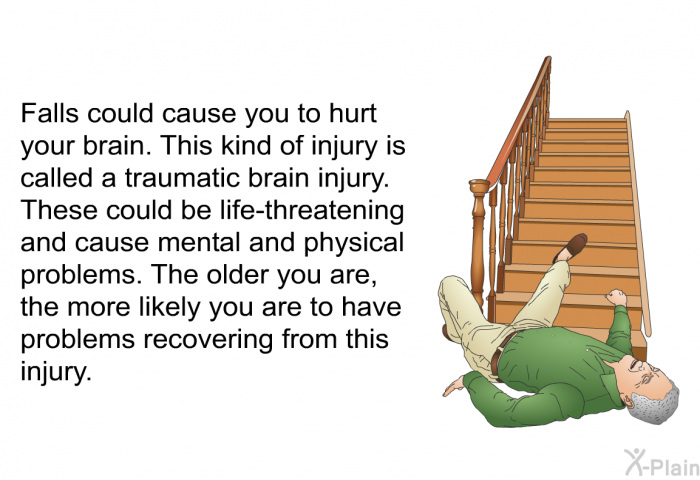 Falls could cause you to hurt your brain. This kind of injury is called a traumatic brain injury. These could be life-threatening and cause mental and physical problems. The older you are, the more likely you are to have problems recovering from this injury.