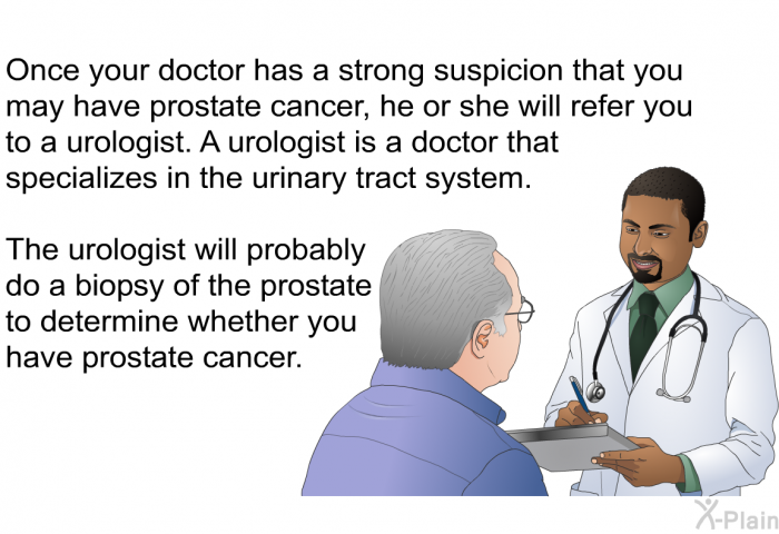 Once your doctor has a strong suspicion that you may have prostate cancer, he or she will refer you to a urologist. A urologist is a doctor that specializes in the urinary tract system. The urologist will probably do a biopsy of the prostate to determine whether you have prostate cancer.