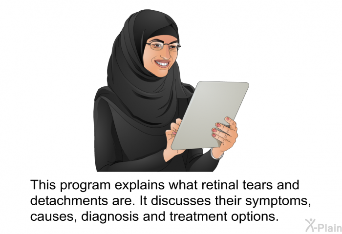 This health information explains what retinal tears and detachments are. It discusses their symptoms, causes, diagnosis and treatment options.