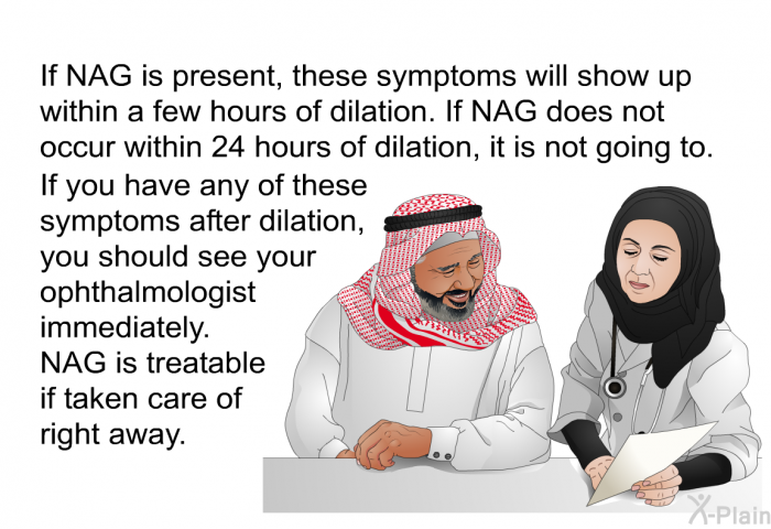 If NAG is present, these symptoms will show up within a few hours of dilation. If NAG does not occur within 24 hours of dilation, it is not going to. If you have any of these symptoms after dilation, you should see your ophthalmologist immediately. NAG is treatable if taken care of right away.