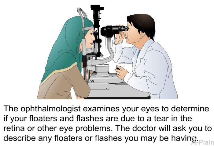 The ophthalmologist examines your eyes to determine if your floaters and flashes are due to a tear in the retina or other eye problems. The doctor will ask you to describe any floaters and flashes you may be having.