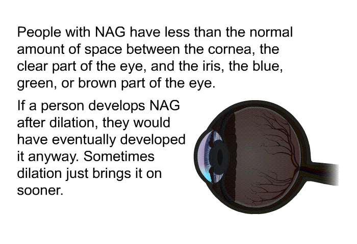 People with NAG have less than the normal amount of space between the cornea, the clear part of the eye, and the iris, the blue, green, or brown part of the eye. If a person develops NAG after dilation, they would have eventually developed it anyway. Sometimes dilation just brings it on sooner.