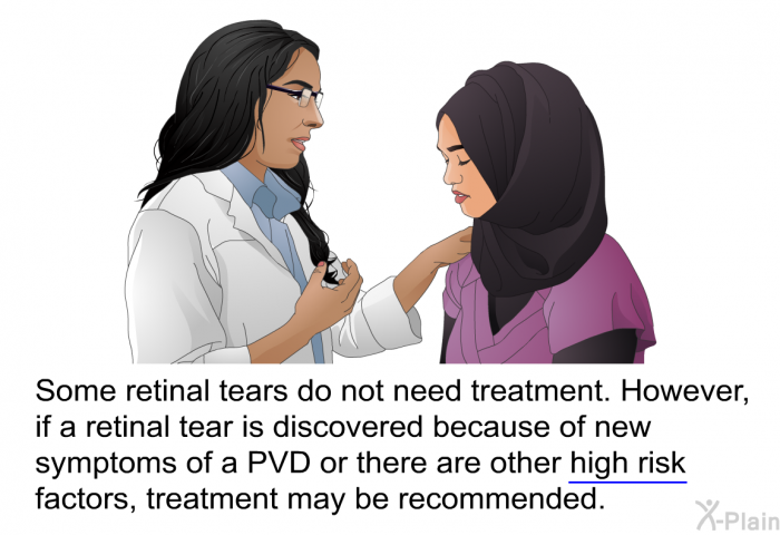 Some retinal tears do not need treatment. However, if a retinal tear is discovered because of new symptoms of a PVD or there are other high risk factors, treatment may be recommended.