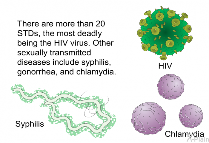 There are more than 20 STDs, the most deadly being the HIV virus. Other sexually transmitted diseases include syphilis, gonorrhea, and chlamydia.