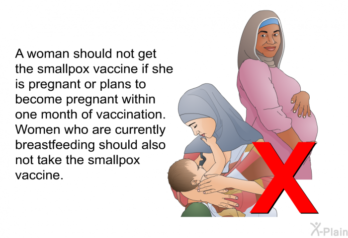 A woman should not get the smallpox vaccine if she is pregnant or plans to become pregnant within one month of vaccination. Women who are currently breastfeeding should also not take the smallpox vaccine.
