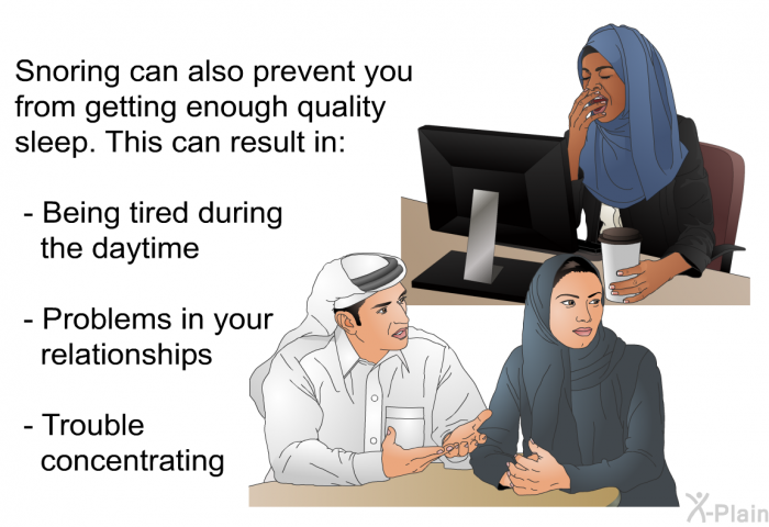Snoring can also prevent you from getting enough quality sleep. This can result in:  Being tired during the daytime Problems in your relationships Trouble concentrating