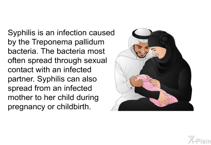 Syphilis is an infection caused by the Treponema pallidum bacteria. The bacteria most often spread through sexual contact with an infected partner. Syphilis can also spread from an infected mother to her child during pregnancy or childbirth.