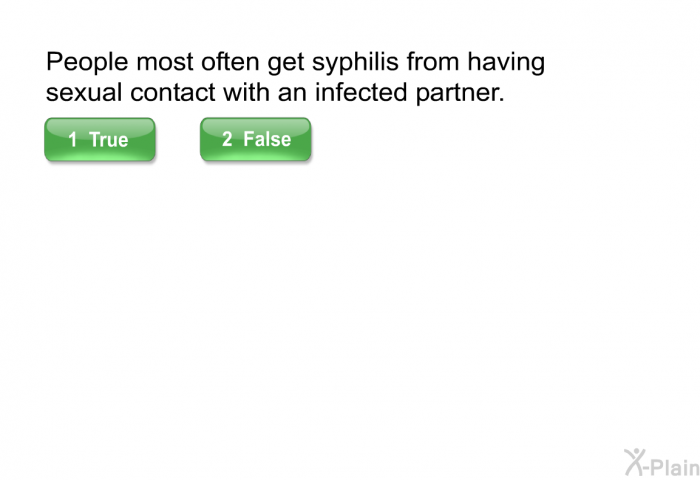 People most often get syphilis from having sexual contact with an infected partner.