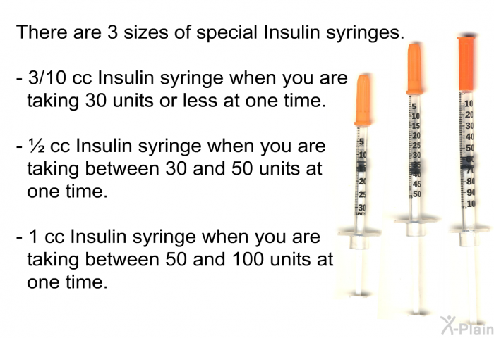 There are 3 sizes of special Insulin syringes.  3/10 cc Insulin syringe when you are taking 30 units or less at one time. ½ cc Insulin syringe when you are taking between 30 and 50 units at one time. 1 cc Insulin syringe when you are taking between 50 and 100 units at one time.