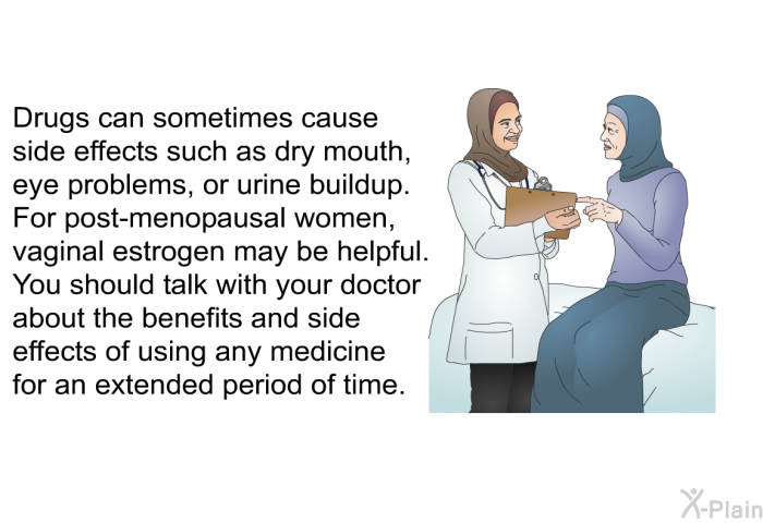 Drugs can sometimes cause side effects such as dry mouth, eye problems, or urine buildup. For post-menopausal women, vaginal estrogen may be helpful. You should talk with your doctor about the benefits and side effects of using any medicine for an extended period of time.