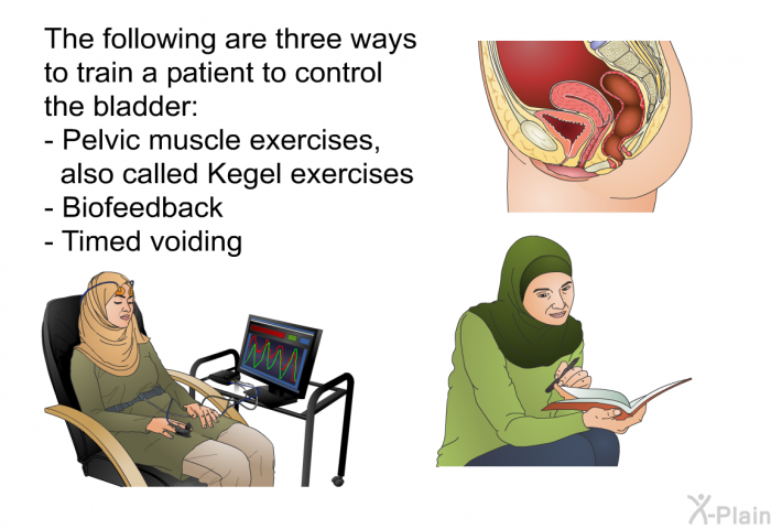 The following are three ways to train a patient to control the bladder:  <I>Pelvic muscle exercises, </I>also called Kegel exercises <I>Biofeedback </I> <I>Timed voiding </I>