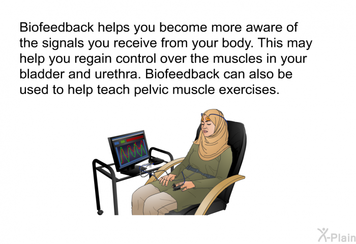 Biofeedback helps you become more aware of the signals you receive from your body. This may help you regain control over the muscles in your bladder and urethra. Biofeedback can also be used to help teach pelvic muscle exercises.