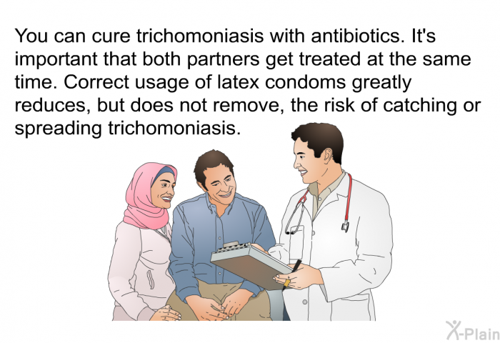 You can cure trichomoniasis with antibiotics. It's important that both partners get treated at the same time. Correct usage of latex condoms greatly reduces, but does not remove, the risk of catching or spreading trichomoniasis.