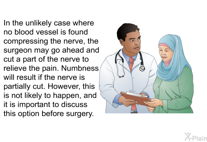 In the unlikely case where no blood vessel is found compressing the nerve, the surgeon may go ahead and cut a part of the nerve to relieve the pain. Numbness will result if the nerve is partially cut. However, this is not likely to happen, and it is important to discuss this option before surgery.