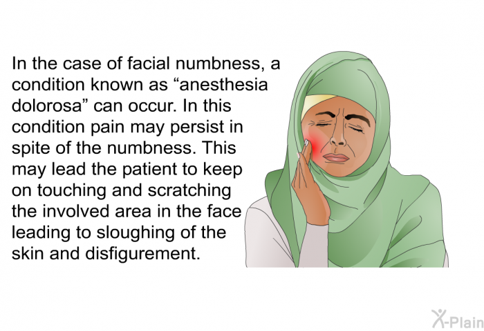 In the case of facial numbness, a condition known as “anesthesia dolorosa” can occur. In this condition pain may persist in spite of the numbness. This may lead the patient to keep on touching and scratching the involved area in the face leading to sloughing of the skin and disfigurement.