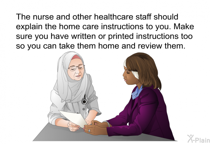 The nurse and other healthcare staff should explain the home care instructions to you. Make sure you have written or printed instructions too so you can take them home and review them.