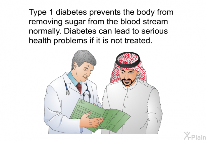 Type 1 diabetes prevents the body from removing sugar from the blood stream normally. Diabetes can lead to serious health problems if it is not treated.