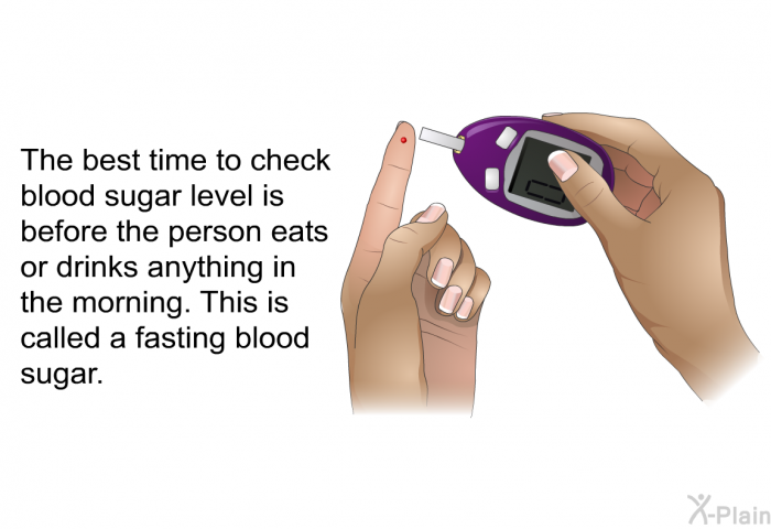 The best time to check blood sugar level is before the person eats or drinks anything in the morning. This is called a fasting blood sugar.