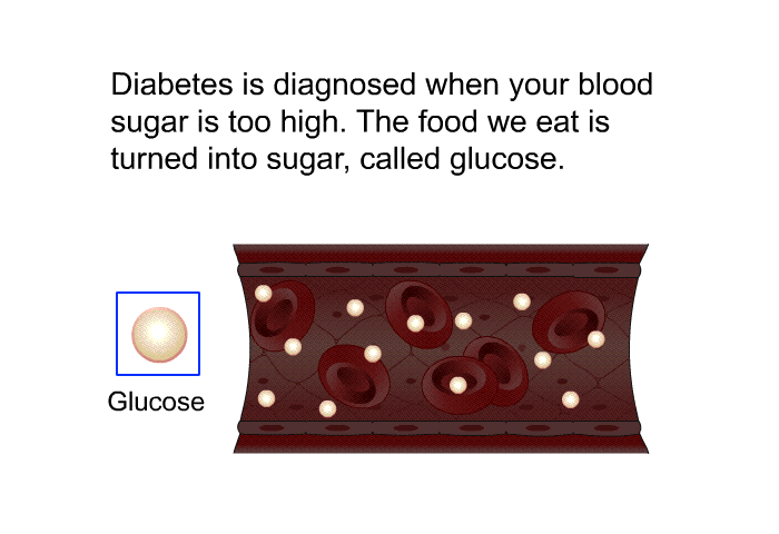 Diabetes is diagnosed when your blood sugar is too high. The food we eat is turned into sugar, called glucose.