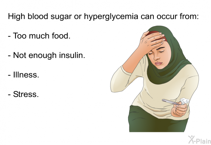High blood sugar or hyperglycemia can occur from:  Too much food. Not enough insulin. Illness. Stress.