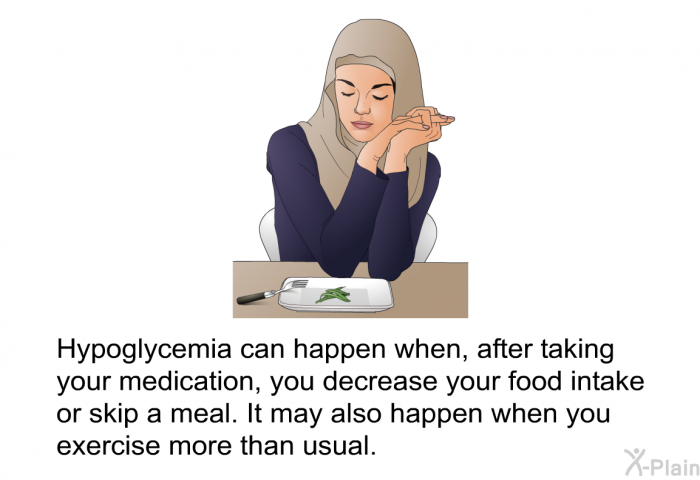 Hypoglycemia can happen when, after taking your medication, you decrease your food intake or skip a meal. It may also happen when you exercise more than usual.