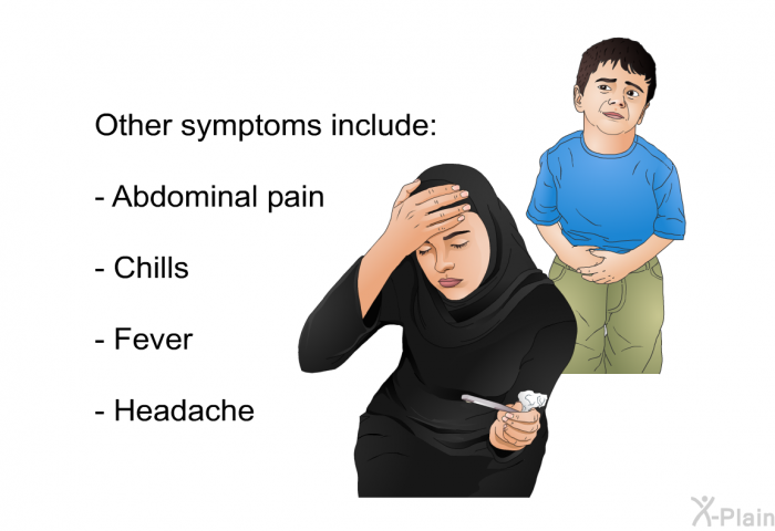 Other symptoms include:  Abdominal pain Chills Fever Headache