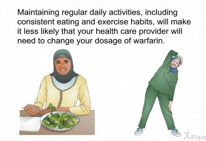 Maintaining regular daily activities, including consistent eating and exercise habits, will make it less likely that your health care provider will need to change your dosage of warfarin.
