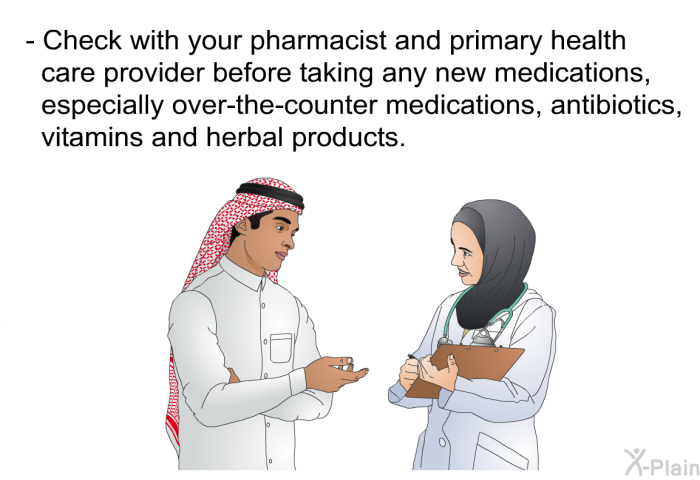 Check with your pharmacist and primary health care provider before taking any new medications, especially over-the-counter medications, antibiotics, vitamins and herbal products.