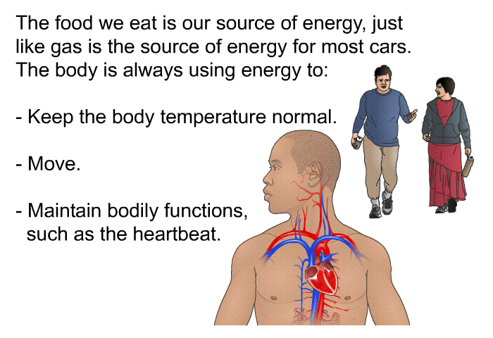 The food we eat is our source of energy, just like gas is the source of energy for most cars. The body is always using energy to:  Keep the body temperature normal. Move. Maintain bodily functions, such as the heartbeat.