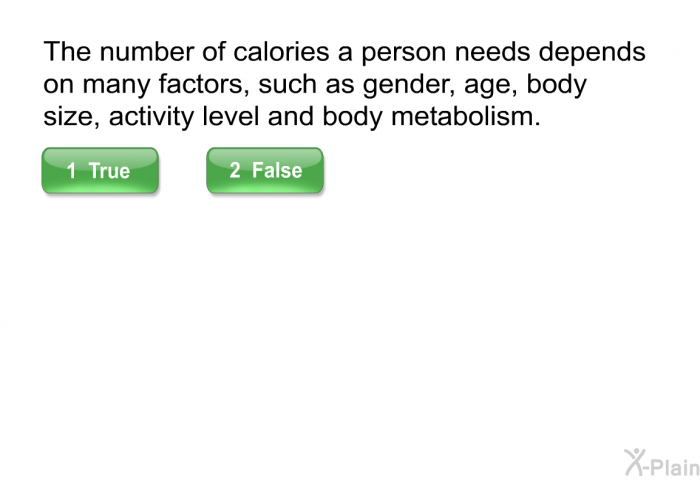 The number of calories a person needs depends on many factors, such as gender, age, body size, activity level and body metabolism.