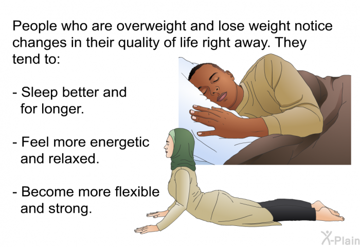 People who are overweight and lose weight notice changes in their quality of life right away. They tend to:  Sleep better and for longer. Feel more energetic and relaxed. Become more flexible and strong.