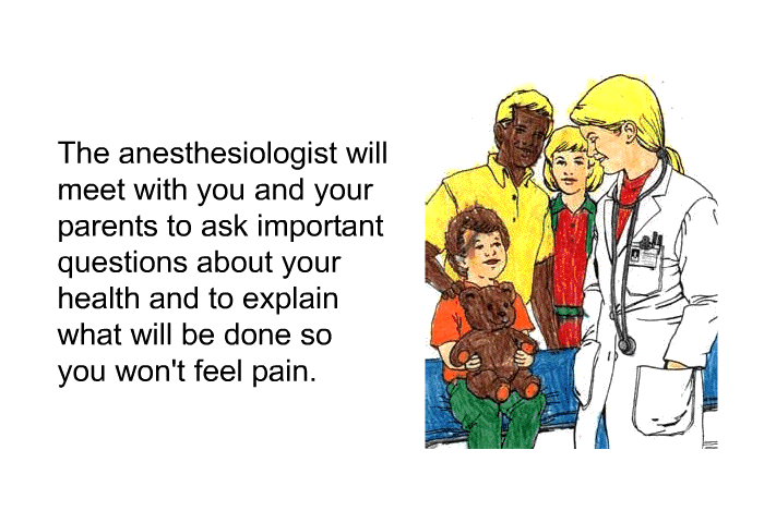 The anesthesiologist will meet with you and your parents to ask important questions about your health and to explain what will be done so you won't feel pain.