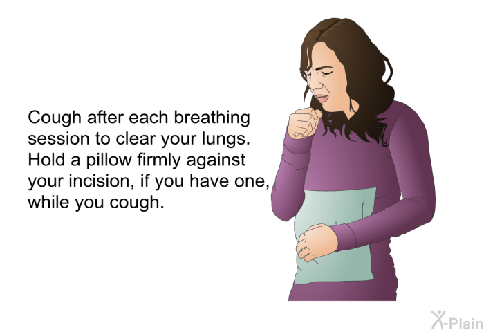 Cough after each breathing session to clear your lungs. Hold a pillow firmly against your incision, if you have one, while you cough.