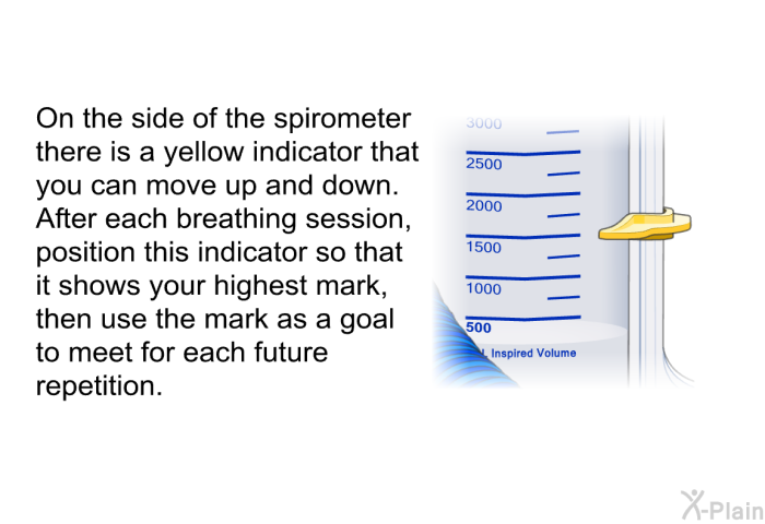 On the side of the spirometer there is a yellow indicator that you can move up and down. After each breathing session, position this indicator so that it shows your highest mark, then use the mark as a goal to meet for each future repetition.